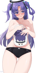 Rule 34 | 1girl, absurdres, bare shoulders, black panties, blue archive, blush, breasts, chibi, chibi inset, collarbone, commentary request, embarrassed, eyes visible through hair, hair ornament, halo, highres, long hair, looking away, medium breasts, midriff, hugging object, panties, parted bangs, pillow, pillow hug, purple eyes, purple hair, sidelocks, simple background, solo, tomid, topless, two side up, underwear, white background, yuuka (blue archive)