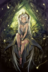Rule 34 | 1girl, :o, ankle cuffs, bare legs, bare shoulders, barefoot, between legs, collar, dark-skinned female, dark skin, demon horns, dress, fireflies, flat chest, forest, full body, green theme, hagure keg, hand between legs, horns, light, long hair, looking at viewer, nature, original, outdoors, own hands together, parted lips, plant, pointy ears, silver hair, sitting, solo, strapless, strapless dress, swept bangs, twintails, v arms, very long hair, wrist cuffs, yellow eyes