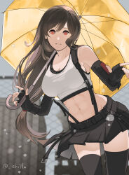Rule 34 | 1girl, arm guards, bare shoulders, belt, black gloves, black hair, black skirt, black sports bra, black thighhighs, breasts, brown hair, commentary, cowboy shot, crop top, elbow gloves, final fantasy, final fantasy vii, final fantasy vii remake, fingerless gloves, gloves, highres, holding, holding umbrella, large breasts, long hair, low-tied long hair, midriff, navel, outdoors, parted lips, rain, red eyes, shillo, skirt, solo, sports bra, suspender skirt, suspenders, tank top, thighhighs, tifa lockhart, toned, twitter username, umbrella, white tank top, yellow umbrella, zettai ryouiki