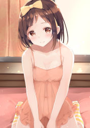 Rule 34 | 1girl, absurdres, bang dream!, blush, bob cut, bottomless, bow, breasts, brown eyes, brown hair, chemise, cleavage, collarbone, commentary request, curtains, hair bow, hazawa tsugumi, highres, indoors, lingerie, looking at viewer, navel, orange chemise, see-through, short hair, sitting, small breasts, smile, socks, solo, striped clothes, striped socks, tomura2maru, underwear, wariza, yellow bow, yellow socks