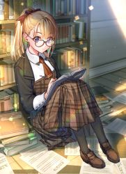Rule 34 | 1girl, black bow, black footwear, blonde hair, blue eyes, book, book stack, bookshelf, bow, brown dress, brown necktie, closed mouth, collared shirt, copyright name, day, dress, full body, glasses, hair bow, holding, holding pen, indoors, knees up, lens flare, loafers, long hair, long sleeves, looking at viewer, necktie, nicky (sid story), official art, on floor, open book, pantyhose, paper, pen, pinafore dress, ponytail, shirt, shoes, sid story, sila (carpen), sitting, sleeveless dress, smile, solo, sunlight, twitter username, white pantyhose, white shirt, wing collar, wooden floor, writing