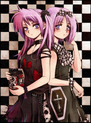Rule 34 | 2girls, alternate costume, back-to-back, bag, bare shoulders, black choker, black dress, black shirt, black skirt, blush, bow, camera, chain, checkered background, choker, coffin, collarbone, commentary request, cross, dress, eyelashes, flat chest, frown, hair between eyes, hair bow, handbag, hiiragi kagami, hiiragi tsukasa, long hair, looking at viewer, lucky star, messiah cage, multiple girls, nose, parted bangs, parted lips, photoshop (medium), purple eyes, purple hair, shirt, short hair, siblings, sisters, skirt, sleeveless, sleeveless dress, standing, tareme, torn clothes, tsurime, twin-lens reflex camera, twins, twintails