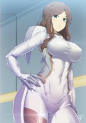 Rule 34 | 10s, 1girl, aged down, bodysuit, breasts, brown hair, commentary request, covered erect nipples, covered navel, cowboy shot, darling in the franxx, green eyes, hand on own hip, indoors, large breasts, long hair, nana (darling in the franxx), nandz, pilot suit, skin tight, solo, standing, wavy hair, white bodysuit