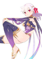 Rule 34 | 1girl, armlet, armor, bare shoulders, bikini armor, blush, bracelet, breasts, circlet, collar, detached sleeves, dress, earrings, fate/grand order, fate (series), floating, floral print, hair ribbon, highres, jewelry, kama (fate), kama (first ascension) (fate), kama (second ascension) (fate), large breasts, legs, long hair, looking at viewer, metal collar, pelvic curtain, purple dress, purple sleeves, purple thighhighs, red eyes, red ribbon, ribbon, silver hair, thighhighs, thighlet, zenshin