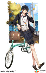 Rule 34 | 1girl, bad id, bad pixiv id, belt, belt buckle, bicycle, black hair, blue eyes, breasts, brown belt, buckle, carchet, earrings, ears visible through hair, glasses, hair between eyes, highres, holding, jewelry, looking at viewer, official art, plaid, plaid shorts, qurare magic library, short hair, shorts, smile, solo