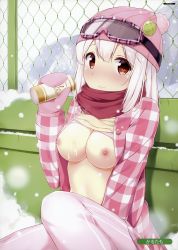 Rule 34 | 1girl, absurdres, beanie, blunt bangs, blush, breasts, can, chain-link fence, closed eyes, clothes lift, day, fence, goggles, goggles on headwear, hair between eyes, hand up, hat, hat pin, highres, holding, holding can, jacket, karutamo, long hair, long sleeves, looking at viewer, medium breasts, mittens, nipples, nose blush, open clothes, open jacket, original, outdoors, pants, pink hat, pink pants, pink shirt, plaid, plaid jacket, pom pom (clothes), red eyes, red scarf, scan, scarf, shirt, shirt lift, sitting, ski goggles, smile, snow, snowing, solo, sweater, sweater lift, tisshu (karutamo), white hair, winter clothes, yellow sweater