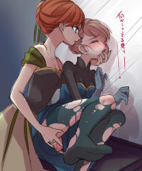 Rule 34 | 2girls, anna (frozen), bare legs, bare shoulders, blonde hair, blush, braid, breasts, brown hair, cleavage, closed eyes, dress, elbow gloves, elsa (frozen), femdom, finger in another&#039;s mouth, fingering, french braid, frozen (disney), gloves, green eyes, highres, incest, kokuchuutei, medium breasts, multiple girls, no panties, off-shoulder dress, off shoulder, open mouth, orange hair, pantyhose, pussy juice, short hair, siblings, sisters, small breasts, tears, thighhighs, torn clothes, torn legwear, translation request, wince, yuri