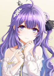 Rule 34 | 1girl, ahoge, azur lane, bare shoulders, breasts, chushou wang, closed mouth, collar, curly hair, detached sleeves, dress, eyelashes, flipped hair, flower, furrowed brow, gradient background, hair between eyes, hair bun, hair flower, hair ornament, hand to own mouth, hands up, head tilt, highres, light blush, long hair, long sleeves, looking at viewer, purple eyes, purple hair, see-through, see-through sleeves, side ponytail, sleeveless, sleeveless dress, small breasts, solo, unicorn (azur lane), upper body, wavy hair, white collar, white dress, yellow background
