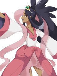 Rule 34 | 1girl, :d, black hair, brown eyes, commentary request, creatures (company), dark-skinned female, dark skin, eyelashes, game freak, hair rings, hair tie, highres, iris (pokemon), long hair, long sleeves, looking to the side, momose 1228, nintendo, open mouth, outstretched arm, pink skirt, pokemon, pokemon bw2, shirt, simple background, skirt, smile, solo, teeth, tiara, tongue, upper teeth only, white background, white shirt, wide sleeves