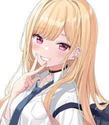Rule 34 | 1girl, bad id, bad twitter id, bag, black choker, blonde hair, blue necktie, breasts, choker, collarbone, collared shirt, commentary, dress shirt, ear piercing, earrings, grin, hand up, highres, hitsukuya, jewelry, kitagawa marin, long hair, long sleeves, looking at viewer, medium breasts, nail polish, necktie, piercing, pink nails, red eyes, school bag, school uniform, shirt, simple background, smile, solo, sono bisque doll wa koi wo suru, unfinished, upper body, v over mouth, white background, white shirt