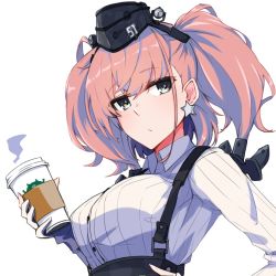 Rule 34 | 1girl, alakoala, atlanta (kancolle), blue eyes, brown hair, coffee cup, commentary request, cup, disposable cup, earrings, enemy lifebuoy (kancolle), garrison cap, garter straps, gloves, hat, highres, holding, jewelry, kantai collection, long hair, long sleeves, partially fingerless gloves, shirt, simple background, solo, suspenders, two side up, upper body, white background, white gloves, white shirt