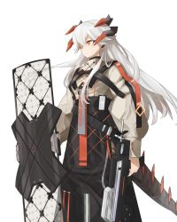 Rule 34 | 1girl, arknights, black skirt, chest strap, closed mouth, commentary, dragon horns, dragon tail, earclip, feet out of frame, frown, grey shirt, high-waist skirt, highres, holding, holding shield, holding weapon, horns, id card, long hair, long sleeves, orange eyes, saria (arknights), shield, shirt, silver hair, simple background, skirt, solo, syringe gun, tail, weapon, white background, xiangcm3