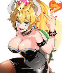 Rule 34 | 1girl, arm at side, bad id, bad pixiv id, bare shoulders, black dress, blue eyes, blush, bowsette, bracelet, breasts, cleavage, collar, commentary request, dress, earrings, fangs, fingernails, fireball, hair between eyes, hand up, heart of fire, hip focus, jewelry, large breasts, long hair, mario (series), mt966, nail polish, new super mario bros. u deluxe, nintendo, open mouth, pantyhose, pointy ears, ponytail, red nails, sharp fingernails, shiny clothes, sidelocks, simple background, sitting, smile, solo, spiked bracelet, spiked collar, spiked shell, spikes, strapless, strapless dress, super crown, tail, thick eyebrows, thick thighs, thighs, tongue, tube dress, white background, wide ponytail