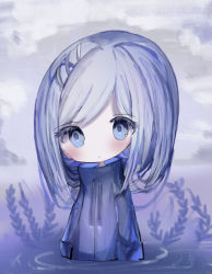 Rule 34 | 1girl, bad id, bad pixiv id, blue eyes, blue jacket, blue sky, blush, chibi, closed mouth, cloud, cloudy sky, commentary request, cottontailtokki, drawstring, hair ornament, hairclip, head tilt, jacket, long hair, long sleeves, looking at viewer, original, outdoors, partially submerged, purple hair, ripples, sky, solo, water, x hair ornament