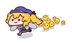 Rule 34 | 1girl, absurdres, bird, blonde hair, blue footwear, blue headwear, chasing, chibi, chick, closed mouth, commentary, dokibird (vtuber), highres, indie virtual youtuber, jacket, keenbiscuit, light smile, long hair, running, shadow, simple background, solid oval eyes, symbol-only commentary, white background, white jacket