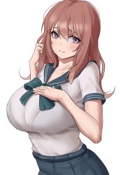 Rule 34 | 1girl, absurdres, bad id, bad pixiv id, blue sailor collar, blue skirt, bow, bra, bra visible through clothes, breasts, brown hair, green bow, hair between eyes, highres, inui shinju, large breasts, long hair, looking at viewer, looking to the side, pleated skirt, purple eyes, sailor collar, school uniform, see-through, serafuku, shikube, shirt, shirt tucked in, skirt, solo, sono bisque doll wa koi wo suru, underwear, white background, white shirt
