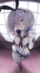 Rule 34 | 1girl, :q, bespectacled, bikini, black bikini, black panties, black ribbon, blue eyes, blurry, breasts, closed mouth, clothes lift, cosplay, covered erect nipples, covered navel, depth of field, drill hair, elbow gloves, glasses, gloves, hair ribbon, heart, heart-shaped pupils, highres, index finger raised, indoors, kantai collection, kashima (kancolle), lifting own clothes, looking at viewer, looking away, medium breasts, microskirt, osafune kairi, panties, pink-framed eyewear, pleated skirt, ribbon, sailor collar, see-through, shimakaze (kancolle), shimakaze (kancolle) (cosplay), silver hair, skirt, skirt lift, smile, solo, standing, striped clothes, striped thighhighs, sweat, swimsuit, symbol-shaped pupils, thighhighs, tongue, tongue out, twintails, underwear, white gloves, window