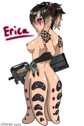 Rule 34 | absurdres, antennae, arthropod girl, bag, breasts squeezed together, breasts, brown hair, bullet, bullpup, claws, covering privates, covering crotch, cpt.tester works, embarrassed, erica (cpt.tester), freckles, from behind, full body, glasses, gun, handbag, highres, jacket, jewelry, large breasts, lipstick, looking at viewer, looking away, makeup, necklace, nude, on bed, p90, pale skin, ponytail, rifle, short hair, sideboob, skirt, smg, smile, standing, submachine gun, tattoo, vest, weapon