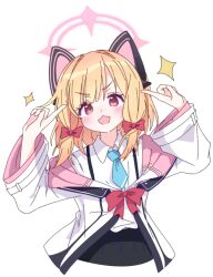 Rule 34 | 1girl, animal ear headphones, animal ears, black skirt, blonde hair, blue archive, blue necktie, blush, bow, collared shirt, fake animal ears, hair bow, halo, hanozuku, headphones, jacket, looking at viewer, momoi (blue archive), necktie, pink halo, pleated skirt, red bow, red eyes, shirt, short hair, simple background, skirt, solo, sparkle, two-sided fabric, two-sided jacket, white background, white jacket, white shirt