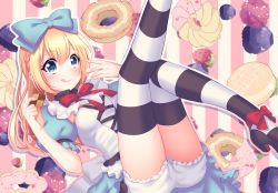 Rule 34 | 1girl, alice (alice in wonderland), alice in wonderland, ap@meito, black footwear, bloomers, blue bow, blue eyes, blue skirt, blueberry, blurry, blush, bow, braid, checkerboard cookie, cookie, cream, doughnut, eating, food, fruit, hair bow, highres, licking lips, long hair, lying, on back, pink background, puffy short sleeves, puffy sleeves, red bow, short sleeves, simple background, skirt, solo, strawberry, striped clothes, striped thighhighs, thighhighs, tongue, tongue out, underwear, vertical stripes, very long hair
