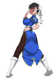 Rule 34 | 1girl, ass, black hair, black pantyhose, blue dress, boots, bracelet, breasts, brown eyes, brown pantyhose, bun cover, capcom, china dress, chinese clothes, chun-li, covered erect nipples, double bun, dress, earrings, female focus, finger in own mouth, from behind, full body, hair bun, hand on own hip, jewelry, knee boots, large breasts, lips, lipstick, looking back, makeup, niyorohi, pantyhose, pelvic curtain, pigeon-toed, puffy short sleeves, puffy sleeves, sash, short hair, short sleeves, simple background, solo, spiked bracelet, spikes, street fighter, tiptoes, white footwear