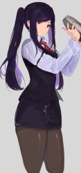 Rule 34 | 1girl, bartender, black hair, cocktail shaker, grey background, highres, jill stingray, long hair, looking at viewer, looking down, pantyhose, red eyes, solo, tagicrabbu, va-11 hall-a