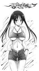 Rule 34 | 1girl, arino hiroshi, bare shoulders, blush, bracelet, breasts, cleavage, collarbone, cross, cross necklace, covered erect nipples, greyscale, groin, jewelry, large breasts, long hair, midriff, monochrome, navel, necklace, original, parted lips, shorts, solo, tank top, twintails, unbuttoned, underboob, unzipped
