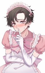 Rule 34 | 1boy, alternate costume, apron, black hair, blue archive, blue archive the animation, blush, bow, brown eyes, closed mouth, crossdressing, dress, earrings, enmaided, finger to mouth, frilled apron, frills, gloves, halo, heart, heart-shaped pupils, highres, jewelry, looking at viewer, maid, maid apron, maid headdress, male maid, messy hair, pink bow, pink dress, puffy short sleeves, puffy sleeves, sensei (blue archive), sensei (blue archive the animation), short hair, short sleeves, shushing, simple background, skirt, sweatdrop, symbol-shaped pupils, user hugf4574, waist apron, white apron, white background