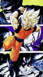 Rule 34 | 1990s (style), 4boys, alien, angry, antennae, arms up, blonde hair, blue footwear, blue theme, boots, cell (dragon ball), cleaned, clenched hand, clenched teeth, dougi, dragon ball, dragon ball (classic), dragonball z, fighting stance, fingernails, floating, frieza, frown, full body, green background, green eyes, hand up, highres, leg up, looking afar, looking at viewer, male focus, monochrome, multiple boys, muscular, official art, open mouth, paneled background, panels, perfect cell, piccolo daimaou, pointy ears, profile, red eyes, sharp teeth, son goku, spiked hair, super saiyan, teeth, toriyama akira, wristband