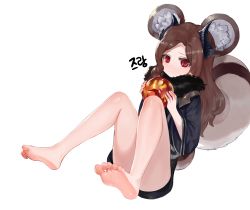 Rule 34 | 1girl, animal ears, bad id, bad pixiv id, bare legs, barefoot, black shirt, blush, bottomless, brown hair, commentary request, convenient leg, dokomon, feet, feet up, full body, fur trim, highres, holding, horns, korean commentary, korean text, leaning back, long hair, long sleeves, looking at viewer, orb, original, pout, reclining, red eyes, shirt, simple background, soles, squirrel ears, squirrel girl, squirrel tail, tail, white background, wide sleeves