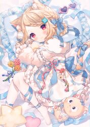 Rule 34 | 1girl, amai hiyo, ana (rznuscrf), animal ear fluff, animal ears, blonde hair, blue bow, blue ribbon, blush, bow, braid, cat ears, cat girl, cat tail, dress, flower, frilled dress, frills, heart, heart-shaped eyewear, indie virtual youtuber, long sleeves, looking at viewer, lying, on side, pantyhose, pillow, red eyes, ribbon, solo, stuffed toy, tail, tail ornament, virtual youtuber, white dress, white pantyhose