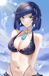 Rule 34 | 1girl, absurdres, alternate costume, arms behind back, artist name, bikini, blue bikini, blue hair, blue sky, braid, breasts, cleavage, collarbone, dated, diagonal bangs, dice, earrings, genshin impact, green eyes, highres, jewelry, large breasts, looking at viewer, mole, mole on breast, multicolored hair, navel, neck tassel, parted lips, shanyouyini, short hair, sky, smile, solo, sun, sunlight, swimsuit, two-tone hair, upper body, water drop, yelan (genshin impact)