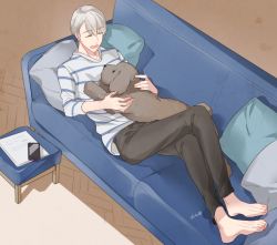 Rule 34 | 10s, 1boy, bad id, bad pixiv id, barefoot, cellphone, closed eyes, couch, dog, himuka roko, lying, makkachin, male focus, on back, open mouth, phone, pillow, silver hair, smartphone, smile, tongue, tongue out, viktor nikiforov, yuri!!! on ice