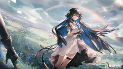 Rule 34 | 1girl, black hair, cloud, cloudy sky, disembodied limb, dress, field, flower, flower field, grass, hair ornament, highres, long hair, looking at viewer, multicolored hair, official art, punishing: gray raven, rainbow, selena (punishing: gray raven), sky, smile, solo, thigh strap, two-tone hair, upper body, white dress, zhang shuang pa mi shi