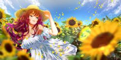 Rule 34 | 1girl, absurdres, anversailles, blue eyes, blue sky, breasts, brown hat, cleavage, cloud, dress, flower, hat, heterochromia, highres, hololive, hololive english, horns, irys (hololive), long hair, looking at viewer, medium breasts, multicolored hair, open mouth, petals, pointy ears, purple hair, red eyes, red hair, sky, smile, solo, sun hat, sundress, sunflower, teeth, two-tone hair, upper teeth only, virtual youtuber, white dress