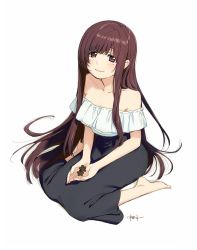 Rule 34 | 1girl, bare shoulders, barefoot, black skirt, blouse, brown eyes, brown hair, closed mouth, commentary request, copyright request, flower, full body, holding, kawai makoto, long hair, long skirt, looking at viewer, mole, mole under eye, shirt, signature, simple background, sitting, skirt, smile, solo, very long hair, wariza, white shirt