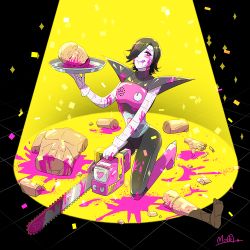 Rule 34 | 1boy, :q, android, black background, black hair, blood, chainsaw, colored skin, confetti, grey skin, hair over one eye, hato moa, heart, heart-shaped pupils, holding, holding tray, kneeling, male focus, mannequin, mettaton, mettaton ex, pink blood, purple eyes, signature, solo, sparkle, spotlight, symbol-shaped pupils, tongue, tongue out, tray, undertale