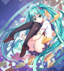 Rule 34 | 1girl, absurdres, bad id, bad pixiv id, black skirt, black thighhighs, blue hair, chunrijun (springer), green eyes, guangfu bao tong meng0-0, hair ornament, hatsune miku, highres, holding, hugging own legs, legs, letter, long hair, looking at viewer, love letter, panties, pleated skirt, school uniform, serafuku, shirt, skirt, solo, striped clothes, striped panties, thighhighs, thighs, twintails, underwear, vocaloid, white shirt