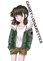 Rule 34 | 1girl, black hair, blue eyes, candy &amp; cigarettes, child, copyright name, cowboy shot, hands in pockets, highres, inoue tomonori, jacket, looking at viewer, official art, open clothes, open jacket, parka, patch, shirt, short shorts, shorts, shoulder patch, side ponytail, simple background, smile, solo, standing, suzukaze miharu, unzipped, white background, white shirt