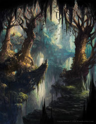 Rule 34 | absurdres, alayna danner, animal, artist name, bare tree, bird, cliff, commentary, derivative work, fantasy, highres, landscape, magic: the gathering, nature, no humans, outdoors, plant, scenery, tree