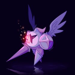Rule 34 | black background, bug, butterfly, butterfly wings, closed eyes, galacta knight, highres, holding, holding shield, horns, insect, insect wings, kirby: star allies, kirby (series), lance, mask, morpho knight, morpho knight (butterfly), nintendo, polearm, reflection, shield, signature, starroad, weapon, wings
