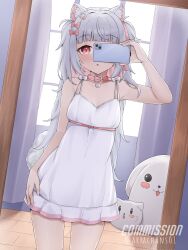 Rule 34 | 1girl, animal ears, artist name, belly, bow, braid, breasts, cellphone, collar, commission, dog ears, dress, gram pico, hair bow, hair ornament, hair ribbon, highres, indoors, long hair, navel, phase connect, phase connect jp, phone, pink eyes, pink hair, ribbon, selfie, small breasts, smartphone, solo, thighs, virtual youtuber, watermark, white hair