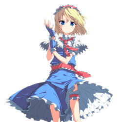 Rule 34 | &gt;:), 1girl, adjusting clothes, adjusting gloves, alice margatroid, bad id, bad pixiv id, blonde hair, bloom, blue eyes, bridal garter, capelet, dress, eto, female focus, fingerless gloves, gloves, hairband, jewelry, looking at viewer, puppet rings, ribbon, ring, short hair, smile, solo, standing, touhou, v-shaped eyebrows, wind