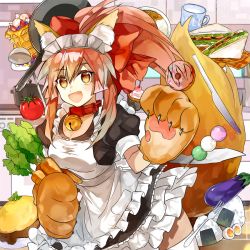 Rule 34 | 1girl, animal ears, animal hands, apron, bell, blush stickers, breasts, carrot, cat hair ornament, cat paws, collar, dango, doughnut, egg, eggplant, fangs, fate/grand order, fate (series), food, fox ears, fox tail, gloves, hair ornament, hair ribbon, indoors, jingle bell, kitchen, large breasts, long hair, maid headdress, milk, neck bell, omelet, omurice, paw gloves, pink hair, ponytail, red ribbon, ribbon, rice, solo, tail, tamamo (fate), tamamo cat (fate), tamamo cat (second ascension) (fate), tomato, wagashi, yellow eyes, yubacha