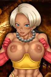 Rule 34 | 1girl, aqua eyes, bare shoulders, blue eyes, blurry, blurry background, blush, breasts, breasts apart, breasts out, breasts squeezed together, bustier, dark-skinned female, dark skin, dragon quest, dragon quest iii, earrings, female focus, gloves, highres, jewelry, large areolae, large breasts, large nipples, looking at viewer, mole, mole under mouth, navel, necklace, nipples, parted lips, pearl necklace, puffy areolae, puffy nipples, red gloves, sakuradou, shiny skin, short hair, smile, solo, stud earrings, thick lips, thief (dq3), upper body, white hair