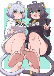 Rule 34 | 2girls, :d, absurdres, ahoge, animal ear fluff, animal ears, bare legs, barefoot, black hair, black hoodie, breasts, cat ears, cat girl, cat tail, clothes writing, collar, commentary, ear piercing, feet, foot focus, from below, frown, green eyes, grey hair, hair between eyes, highres, hood, hood down, hoodie, large breasts, long sleeves, looking at viewer, mole, mole under eye, mole under mouth, multiple girls, ngetyan, open mouth, original, piercing, presenting foot, renge (ngetyan), ringe (ngetyan), simple background, smile, soles, symbol-only commentary, tail, tail ornament, tail ring, toes, white hoodie