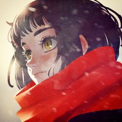 Rule 34 | 1girl, black hair, blush, brown eyes, commentary request, copyright request, highres, kunitarou-art, portrait, red scarf, scarf, smile, snow, solo