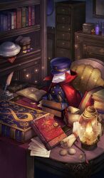 book bookshelf bottle candlelight chair colonel_olcott_(fate) commentary doll fate/grand_order fate_(series) gem indoors lasengle light_particles no_humans official_art paper quill scroll still_life table third-party_source ufo