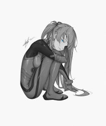 1girl, absurdres, arm around leg, arm support, bwh, eyepatch, greyscale, highres, huge filesize, interface headset, knees to chest, looking at viewer, monochrome, neon genesis evangelion, plugsuit, rebuild of evangelion, signature, solo, soryu asuka langley, spot color
