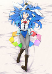 Rule 34 | 1girl, animal ears, armpits, arms up, bed sheet, black pantyhose, blue hair, blush, boots, brown footwear, closed mouth, cross-laced footwear, downagi, full body, hat, highres, hinanawi tenshi, lace-up boots, leotard, long hair, looking at viewer, lying, mini hat, on back, pantyhose, playboy bunny, rabbit ears, rabbit girl, red eyes, solo, sweatdrop, touhou, wrist cuffs